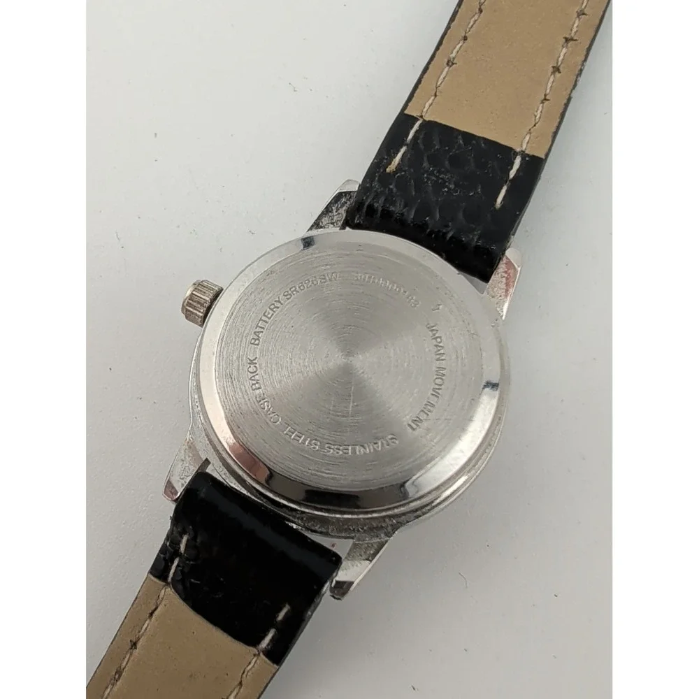 Women's Watch 23mm Silver Case Black Faux Leather Band- New Battery